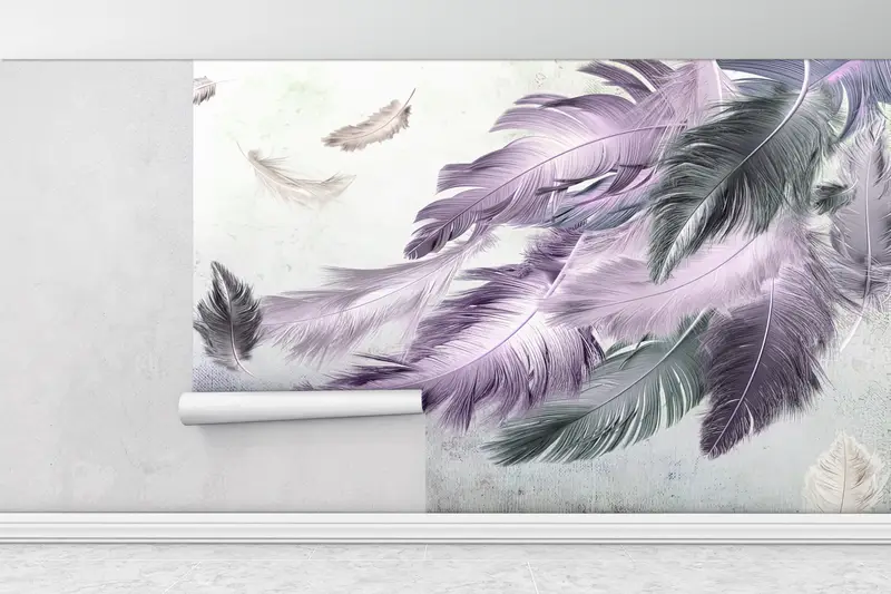 Bright Wall Paper,Purple And Gray Feather Painting,Wall Paper Peel and Stick,Purple Wallpaper,3d Wall Paper,Soft Tones Wallpaper, - 1