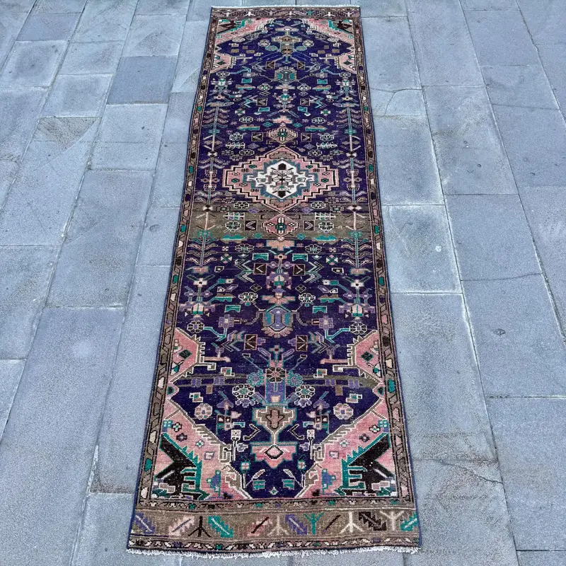 Turkish Vintage Rug 2.7x9.1 ft, Blue Oushak Floral Rug - 1