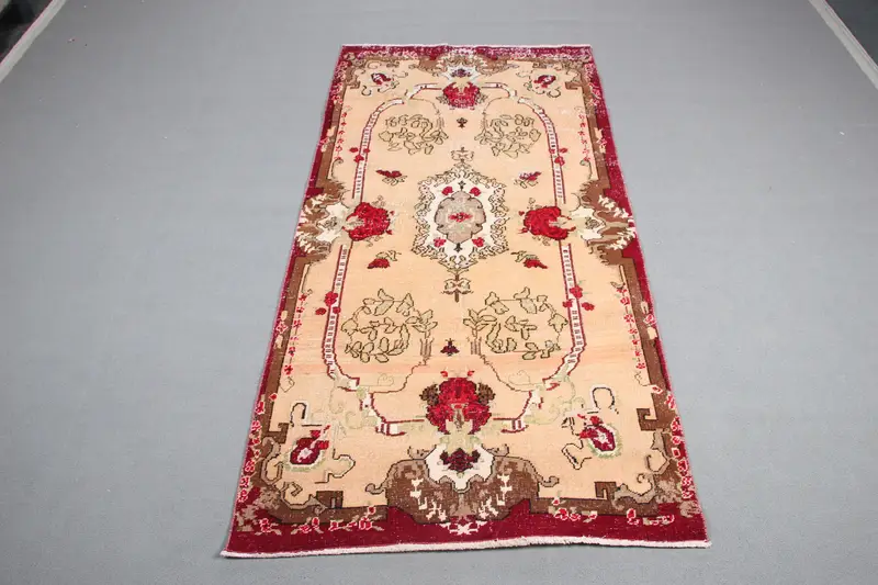 3.9x7.8 ft Eski Türk Halısı, Alan Halısı, Oushak Kırmızı Yün Halı - 1