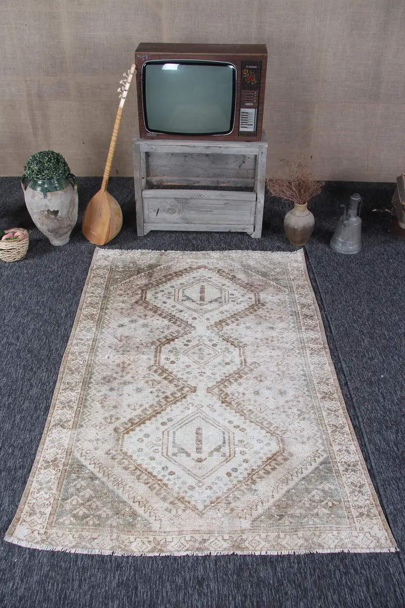 Oushak Türk Halısı, 4.3x6.2 ft Vintage Halı, Kahverengi Puantiyeli Yün Halı - 1