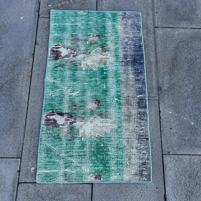 Alfombra turca vintage pequeña de lana floral azul verde 50x80 cm - 1