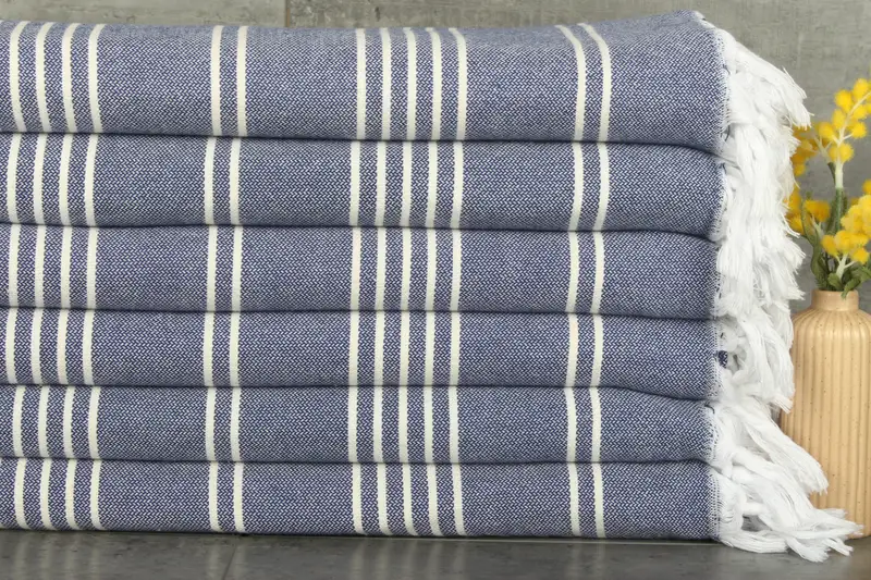 Custom Navy Striped Cotton Blanket, 71x95 Inches, Handmade Gift