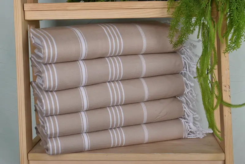 Beige Organic Cotton Striped Bath Towel, Bachelorette Party Decoration, 40x71 Inches
