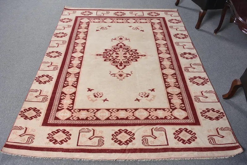 Handgefertigter 5,3x7,1 Fuß Teppich, Beige & Lila Ikat