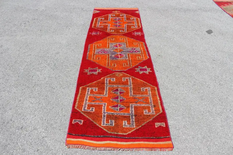 2.8x10.1 ft Rug, Turkish Vintage Rug, Red Solid Wool Rug - 1