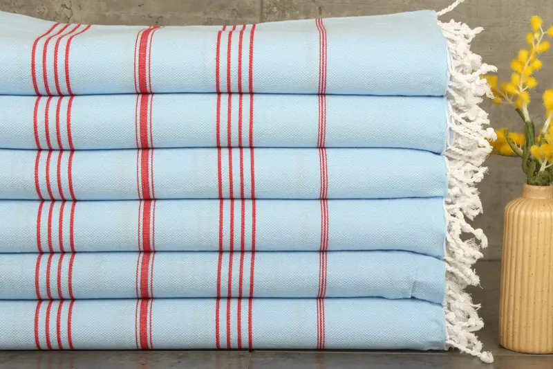 Bath Towel Striped Organic Cotton Blue-Red, Hand Towel, 40x71 Inches