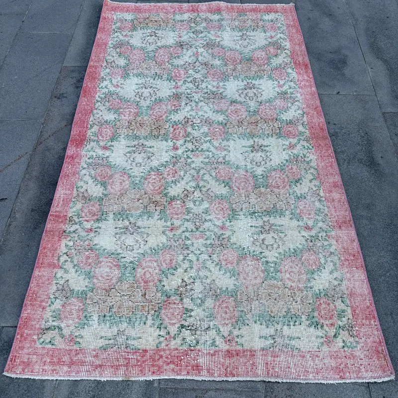 Vintage Turkish Oushak Area Rug 3.7x6.6 ft, Red Southwestern Rug Wool - 1