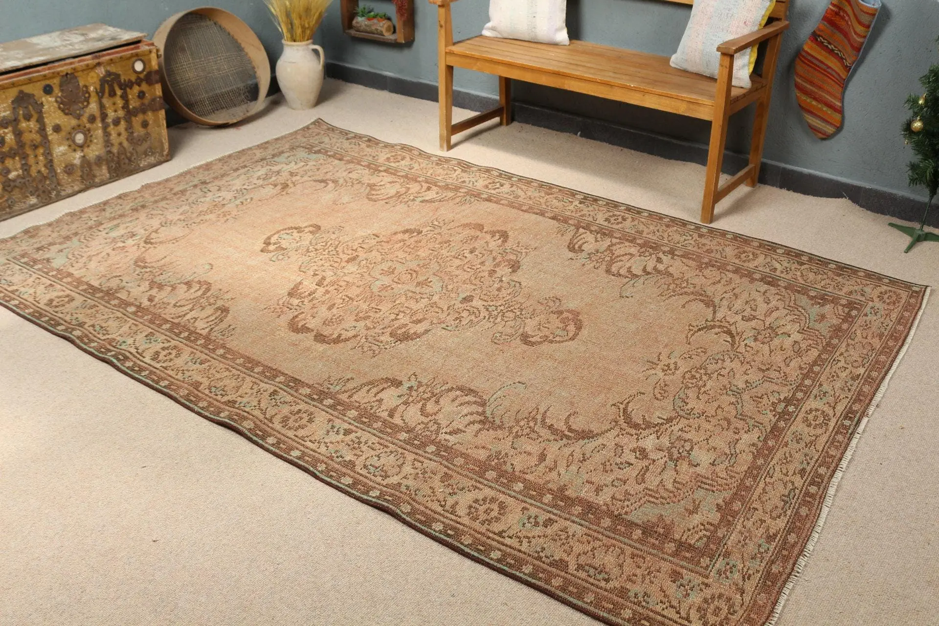 Türk Vintage Halısı 5.9x9 ft, Kahverengi Soyut Yün Halı - 1