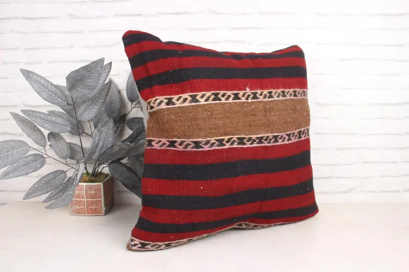 Boho Pillow, Ethnical Kilim Rug Pillow, Pillow, 24x24 Red Pillow Sham, Kilim Pillow Cover, Boho Chic Pillow Case, Turkish Corner Cushion - 3