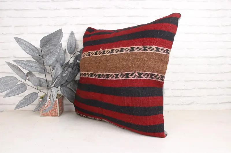 Boho Pillow, Ethnical Kilim Rug Pillow, Pillow, 24x24 Red Pillow Sham, Kilim Pillow Cover, Boho Chic Pillow Case, Turkish Corner Cushion - 4