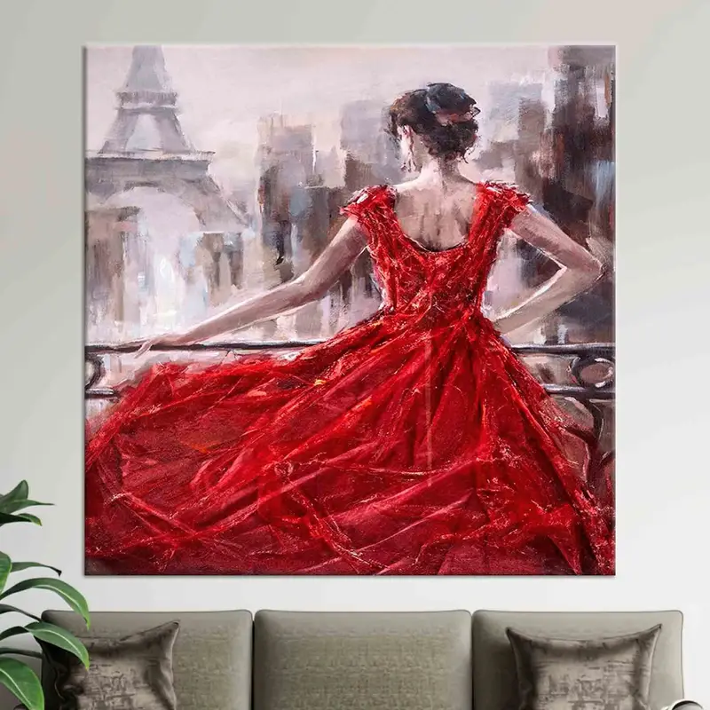 Pariser Wandkunst, Eiffeltelwanddekor, Frau in Paris, Frau mit rotem Kleiderwandkunst, Frau Leinwand, abstrakte Frau Druck, Paris Canvas, - 2