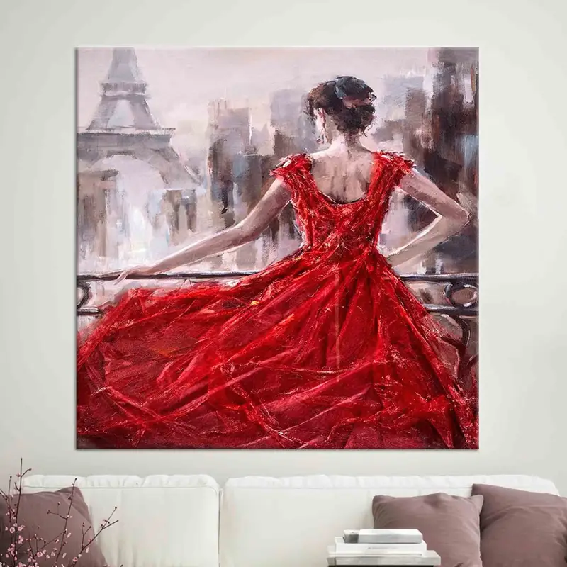 Pariser Wandkunst, Eiffeltelwanddekor, Frau in Paris, Frau mit rotem Kleiderwandkunst, Frau Leinwand, abstrakte Frau Druck, Paris Canvas, - 3