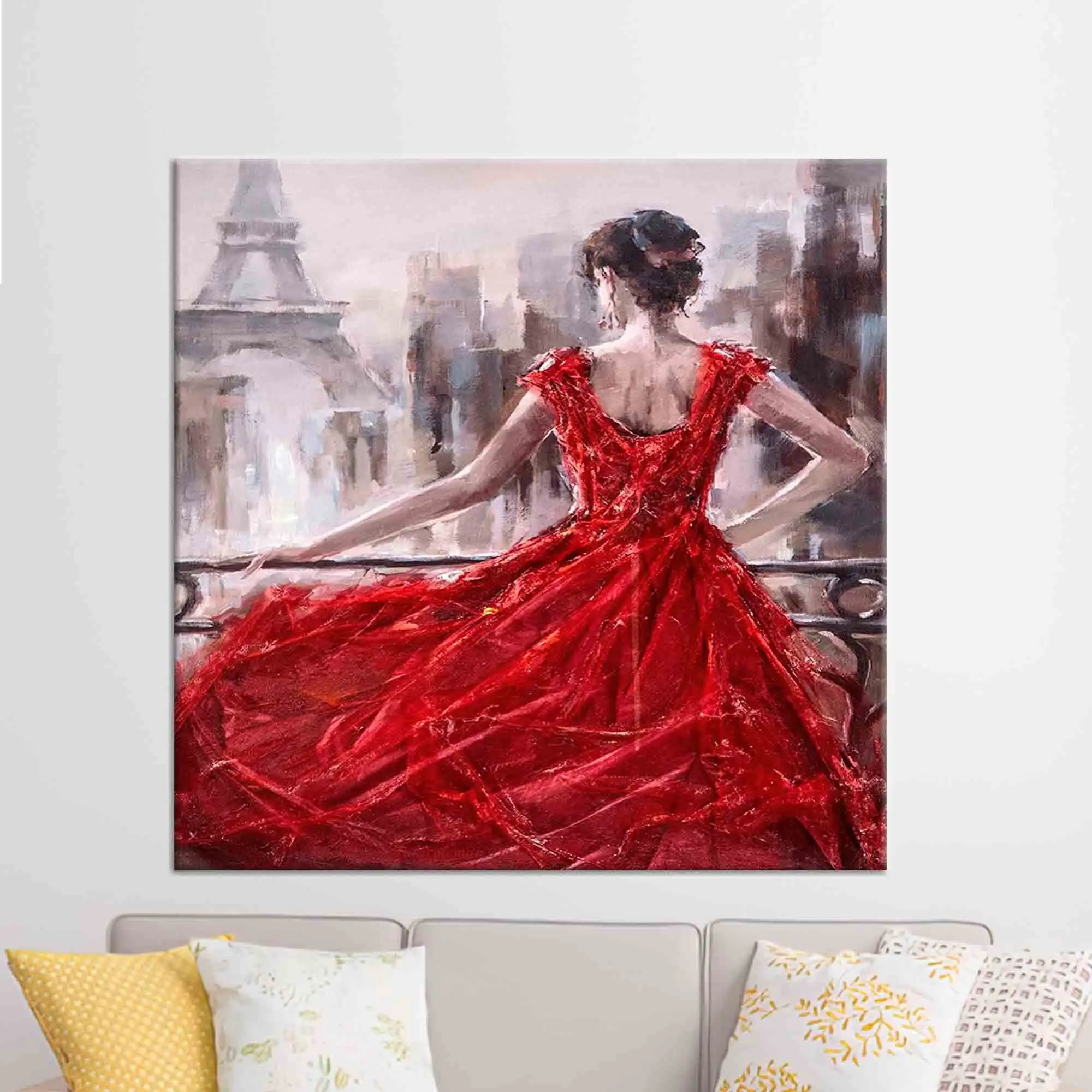 Arte de pared de París, decoración de pared de Eiffel, mujer en París, mujer con vestido rojo de arte de pared, lienzo de mujer, estampado de mujer abstracta, lienzo de París, - 1