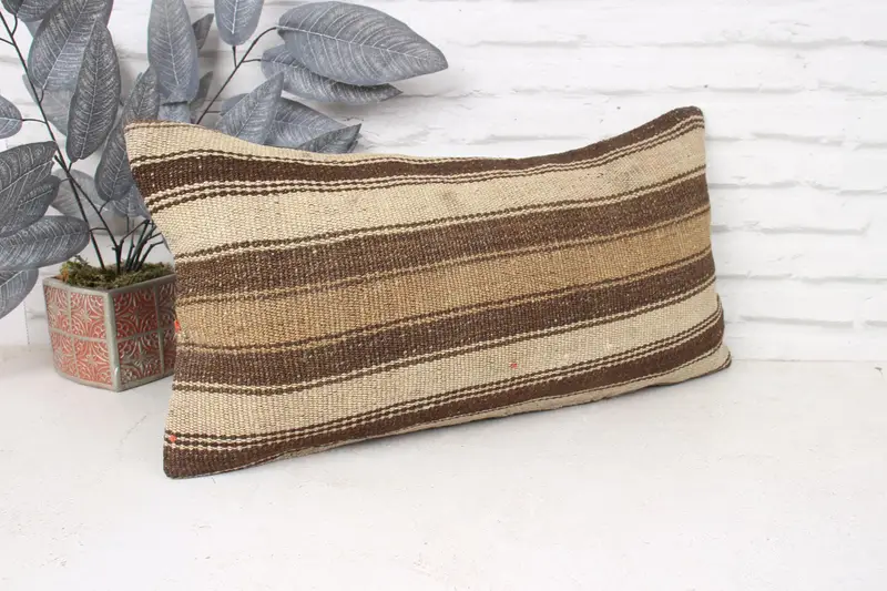 Pillow for Couch, Kilim Pillow Cover, Boho Pillow Sham Cover, Cushion Case, Wool Kilim Pillow Pillow Cover, 12x24 Beige Cushion Cover - 3