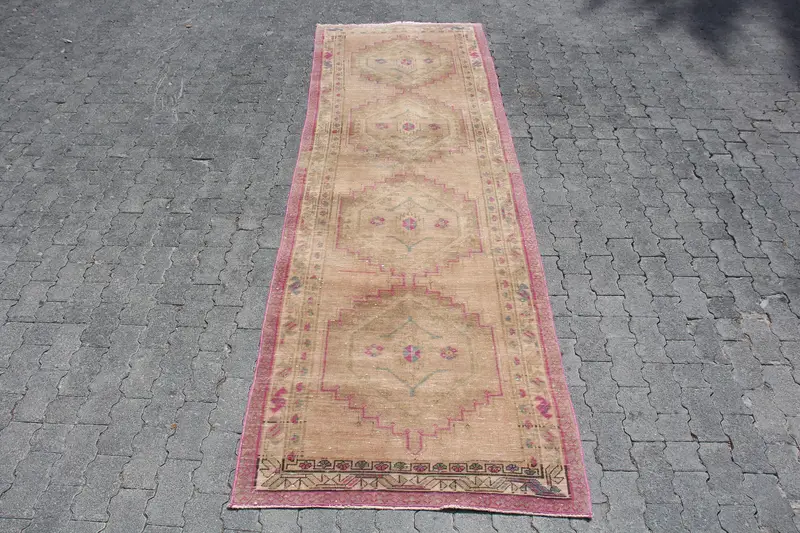 Vintage Turkish Rug 3.4x10.9 ft (105x332 cm), Oushak Brown Wool Rug - 1