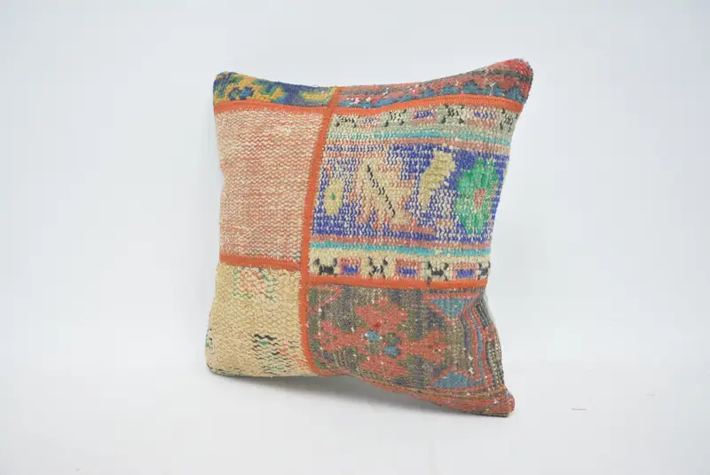 Vintage Kilim Pillow, Vintage Kilim Throw Pillow, Pillow Case, 16x16 Blue Pillow Sham, Floor Pillow Sham, Boho Pillow, Boho Throw Pillow - 4