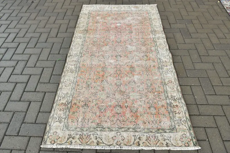 Türk Alan Halısı 3.6x6.7 ft, Vintage Oushak Turuncu Çiçekli Yün Halı - 1