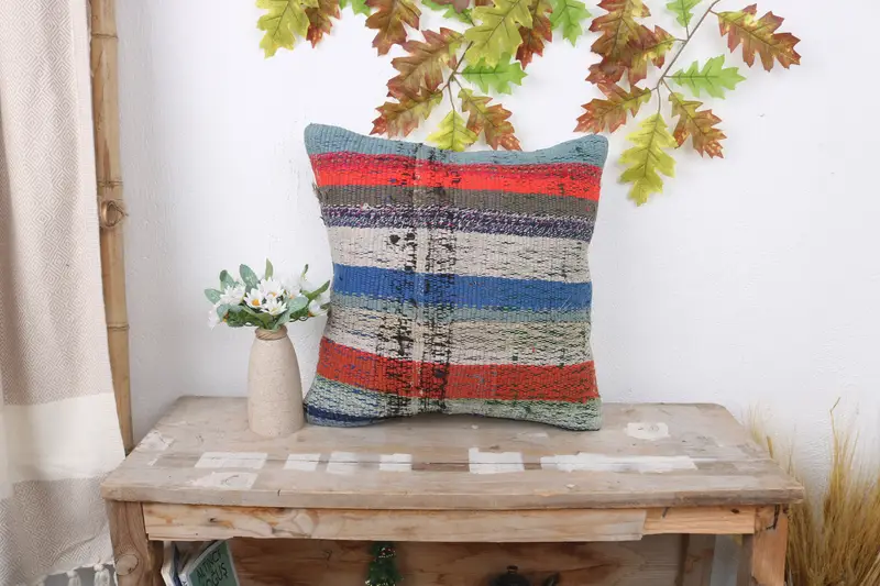 Vintage Kilim Throw Pillow, Vintage Kilim Pillow, Nomadic Pillow Sham, Accent Pillow, 16x16 Red Pillow Case, Turkish Kilim Pillow, Cushion - 1