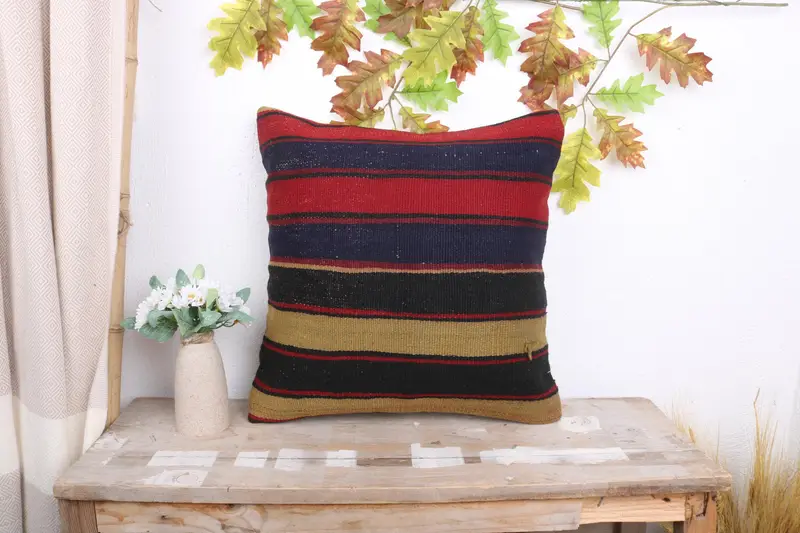 Boho Pillow, Ethnic Pillow, Bolster Throw Cushion Cover, Pillow, Vintage Pillow, Home Decor Pillow, 18x18 Blue Cushion Case, Muted Pillow Sham - 1