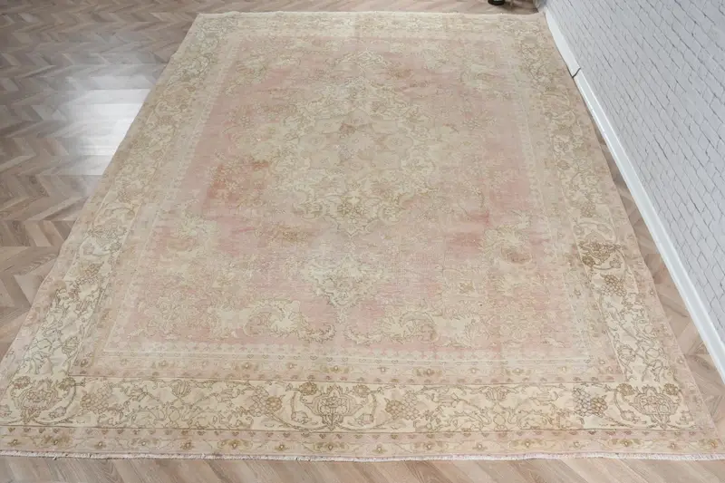 Türk 9.1x12.5 ft Halı, Büyük Boy Vintage Halı, Pembe Bej Çizgili Halı - 1