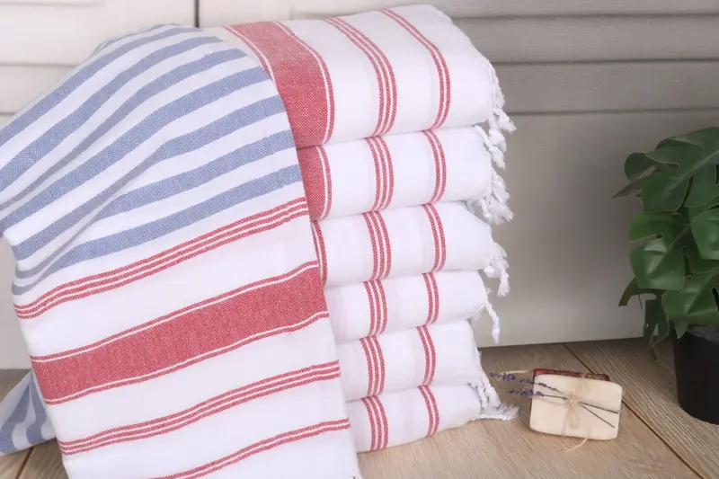 Beach Towel Organic Cotton Blue-Red Stripes, 40x71 Inches