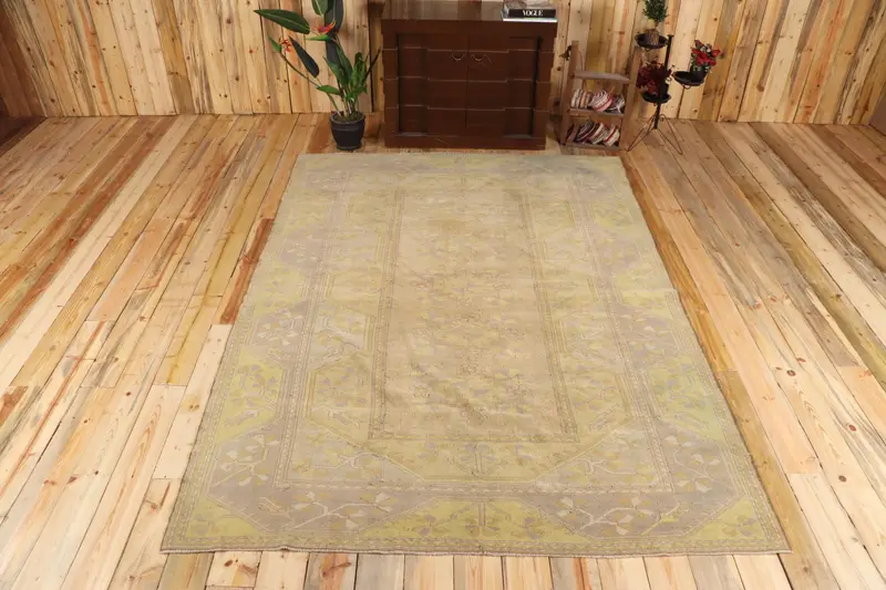 Vintage Oushak Büyük Halı 6.3x9.4 ft (193x286 cm), Türk Sarı Patchwork Yün Halı - 1