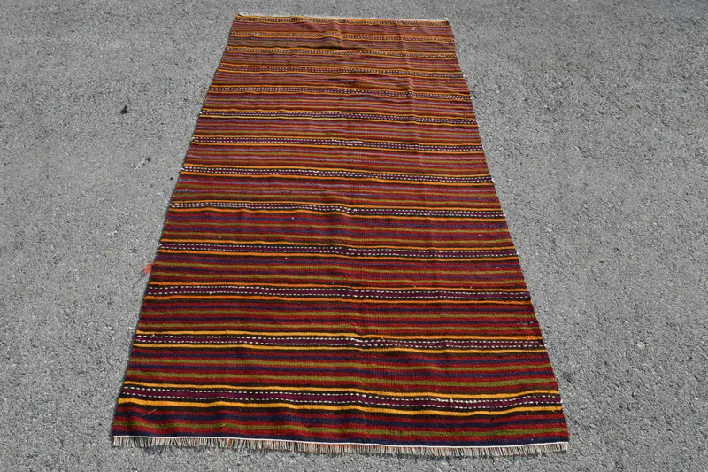 Vintage Area Rug 3.8x7.6 ft (115x233 cm), Kilim Red Oriental Turkish Rug - 1
