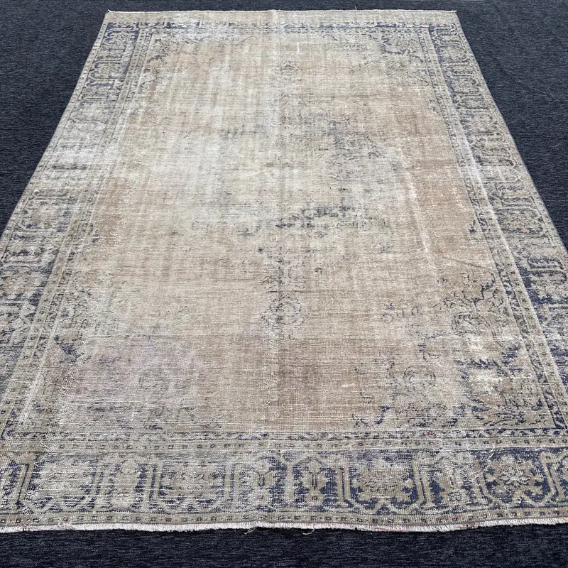 Bej ve Mavi Halı, 0,7x11,7 ft Çizgili Geometrik Tasarım