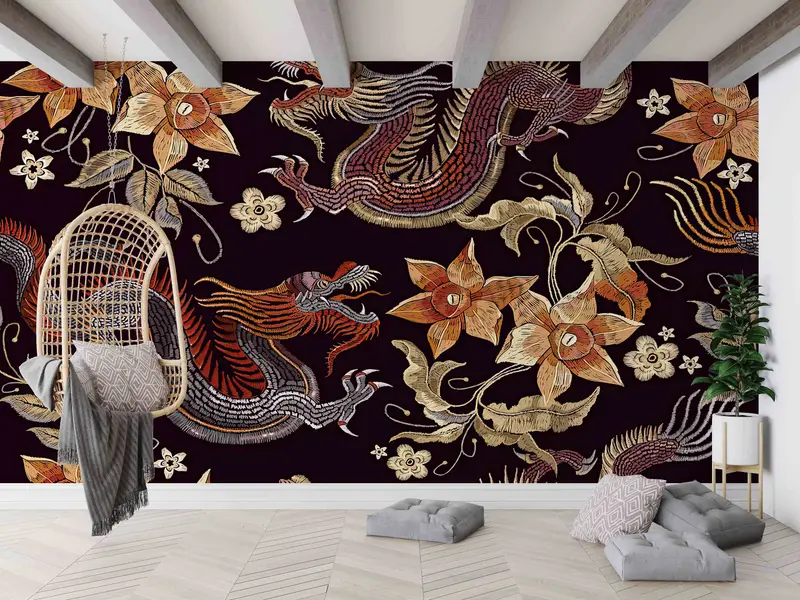 Zarif Baskılı Duvar Kağıdı: Efsanevi Ejderha ve Çiçek Füzyonu