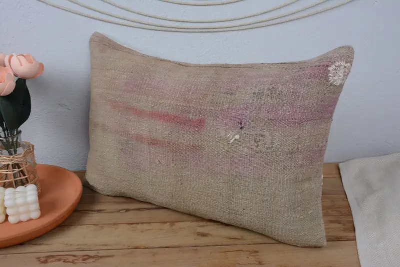 Handmade Kilim Cushion, Gift Pillow, Bolster Throw Pillow Cover, Vintage Kilim Throw Pillow, Pillow Sham, 16x24 Beige Pillow - 4