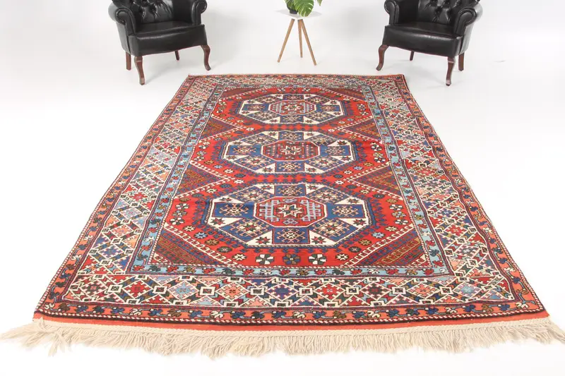 Vintage Turkish Rug, 6.6x10 ft Oushak Rug, Red Large Patchwork Rug - 1