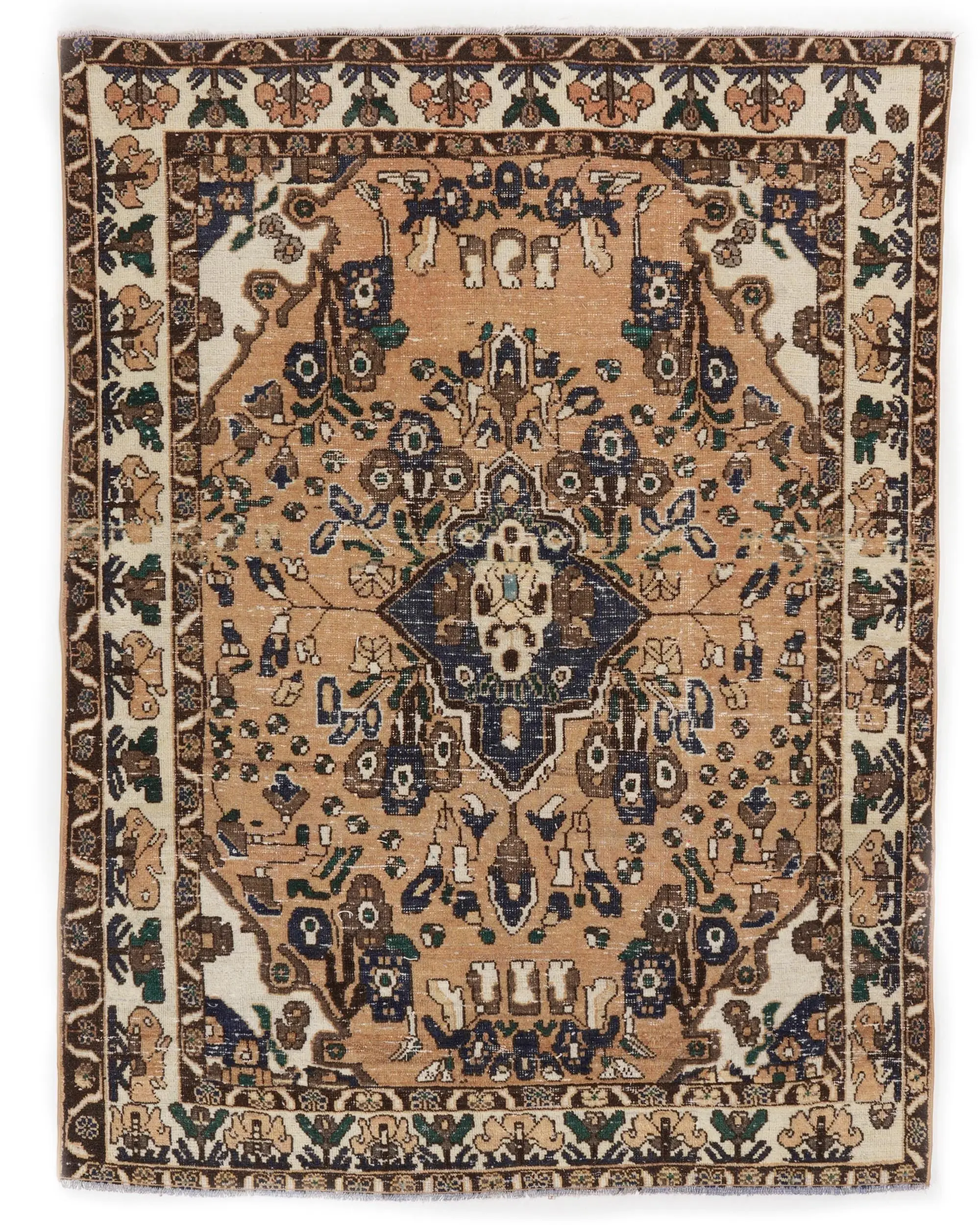 Turkish Vintage Area Rug 4.7x6.4 ft, Brown Blue Wool Rug - 1