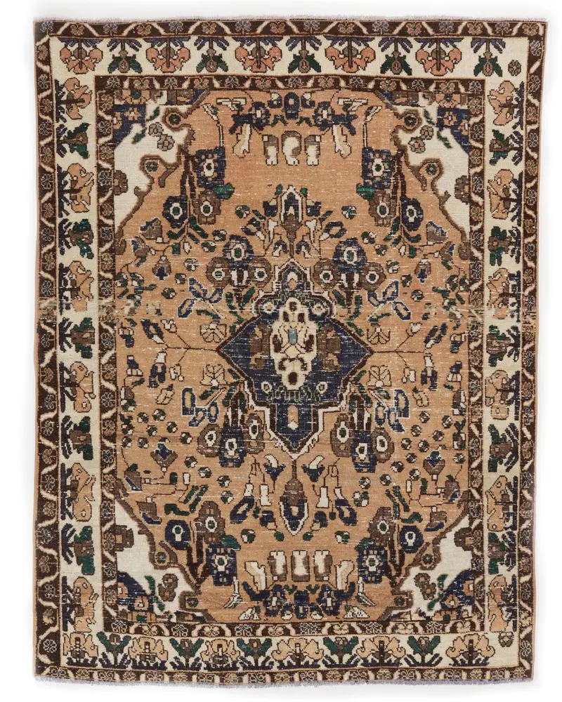 Alfombra elegante color beige, 4,7 x 6,4 pies con detalles en azul