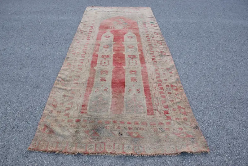 4,4x10,8 ft Teppich, türkischer Vintage Teppich, rot gestreifter Wollteppich - 1