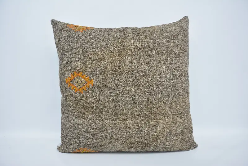 Braunes und oranges Paisley-Wurfkissen, 32x32 handgemachtes Hanf- und Baumwollkissen