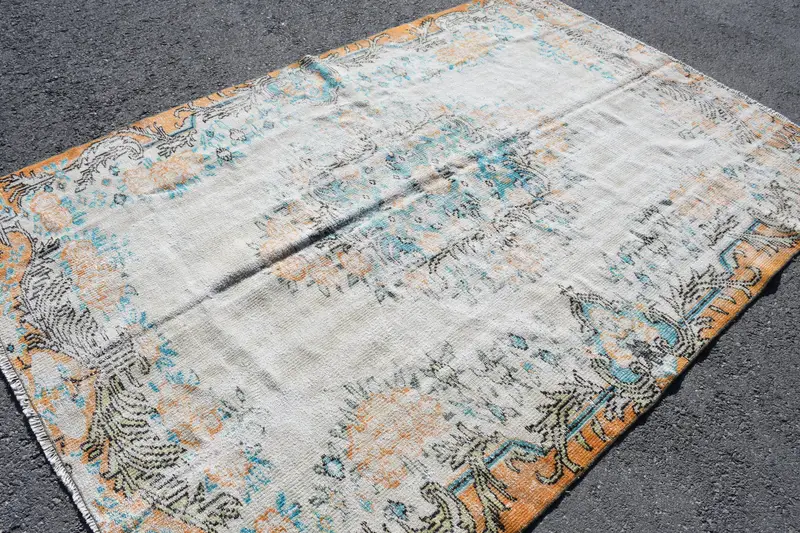 Alfombra grande vintage 5,7x8,4 pies, plantas y árboles de naranja blanco alfombra de lana - 1
