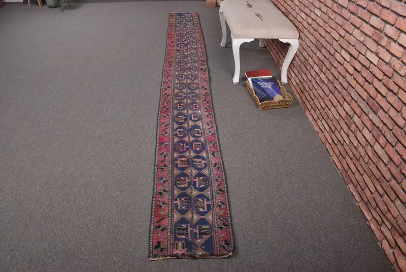 1,2x11,8 ft Oushak Vintage Teppich, blau geblümter türkischer Teppich aus Wolle - 1