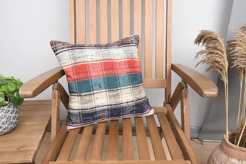 Turkish Striped Orange Pillow Case, Square Antique 16x16 inch Pillow Cover - 1