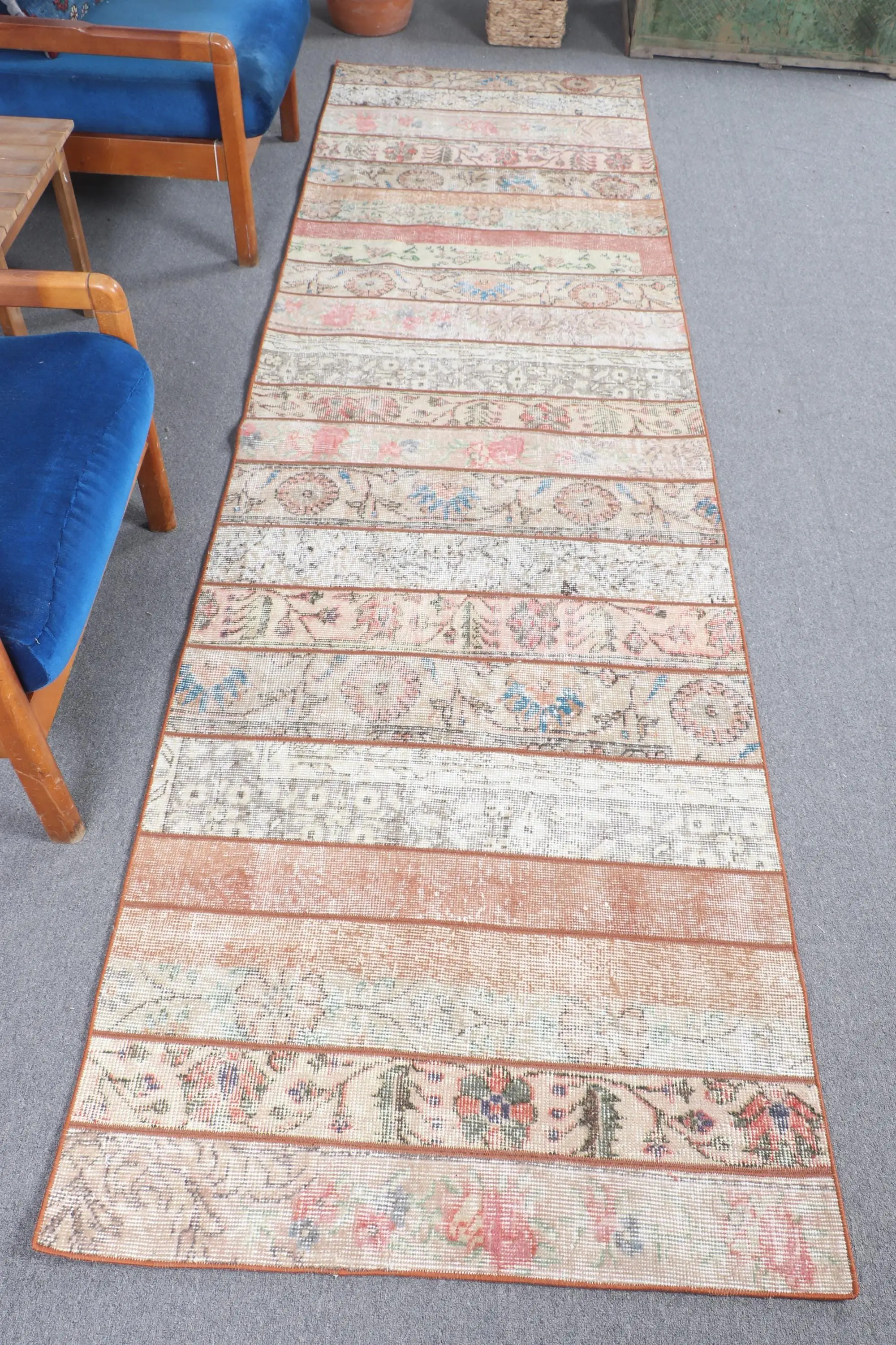 Vintage Turkish Runner Rug 3.1x10.6 ft, Brown White Abstract Rug - 1