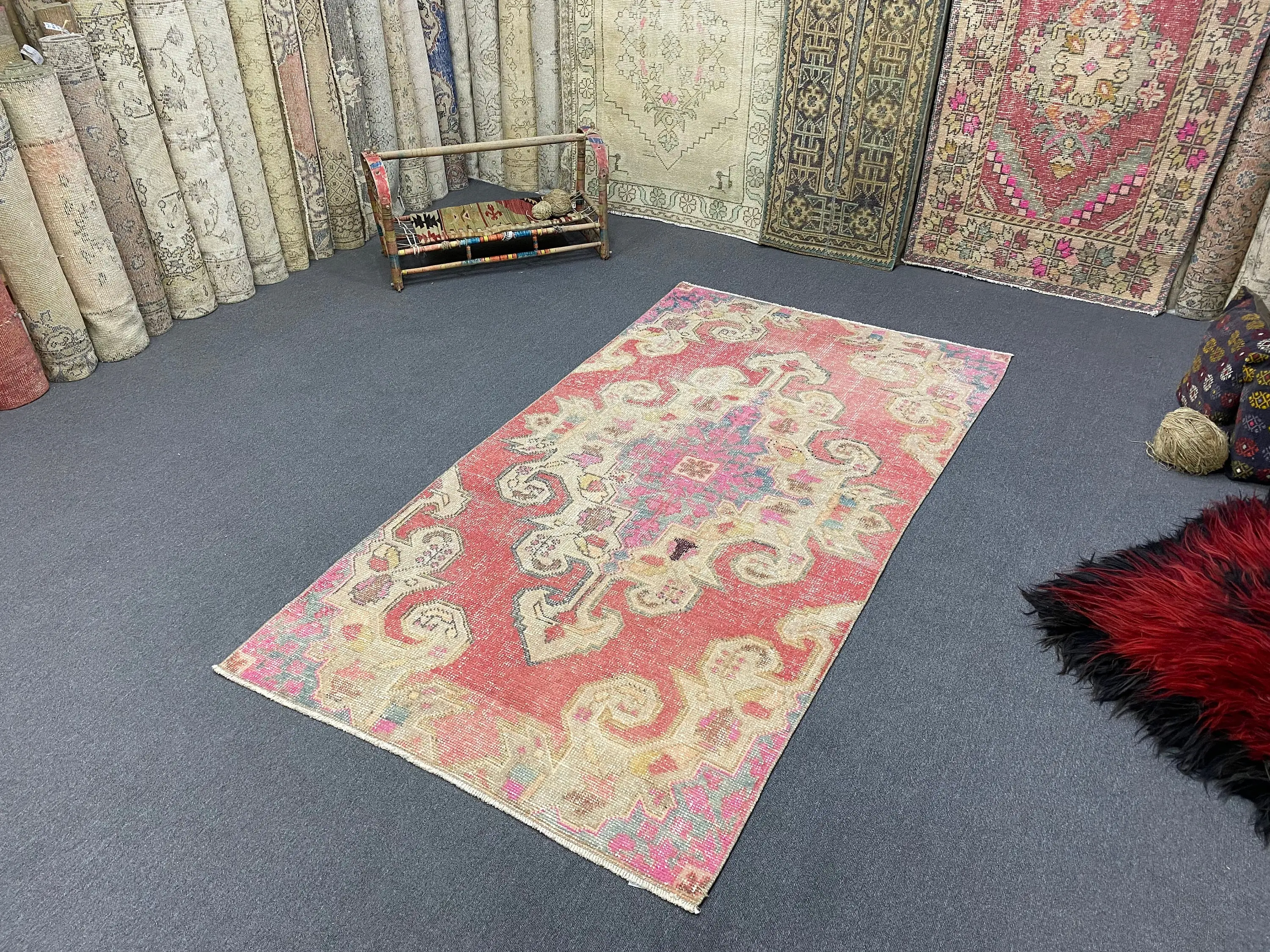 Vintage Turkish Rug, 3.7x6.9 ft Area Rug, Red Pink Floral Wool Rug - 1