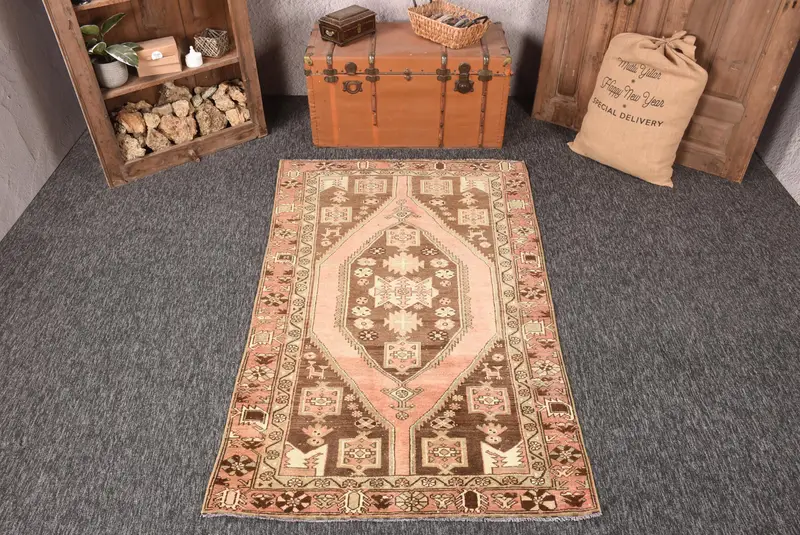 Türk 3.8x6.4 ft Halı, Alan Vintage Halı, Kahverengi Pembe Geometrik Yün Halı - 1
