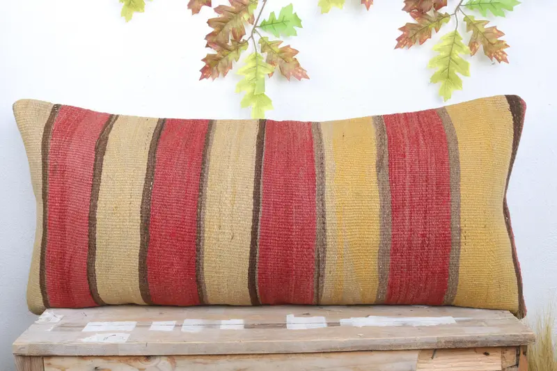 Vintage Kilim Throw Pillow, Handmade Rug Seat Pillow, Turkish Kilim Pillow, Pillow Cover, Pillow for Sofa, 16x36 Beige Pillow Case - 2