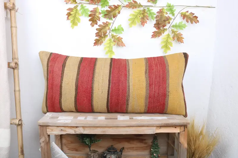 Vintage Kilim Throw Pillow, Handmade Rug Seat Pillow, Turkish Kilim Pillow, Pillow Cover, Pillow for Sofa, 16x36 Beige Pillow Case - 1