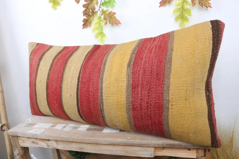 Vintage Kilim Throw Pillow, Handmade Rug Seat Pillow, Turkish Kilim Pillow, Pillow Cover, Pillow for Sofa, 16x36 Beige Pillow Case - 4