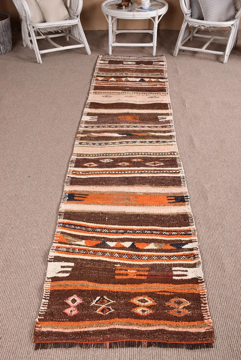 Alfombra de 2,4x10,4 pies, alfombra turca vintage, alfombra Kilim Brown Ikat - 1