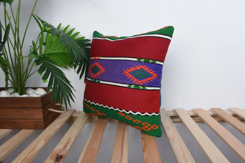Turkish Kilim Pillow, Pillow Cover, Chair Cushion, 16x16 Red Cushion Case, Gift Pillow, Seat Pillow Case, Kilim Cushion Sham, Custom Cushion Cover - 5