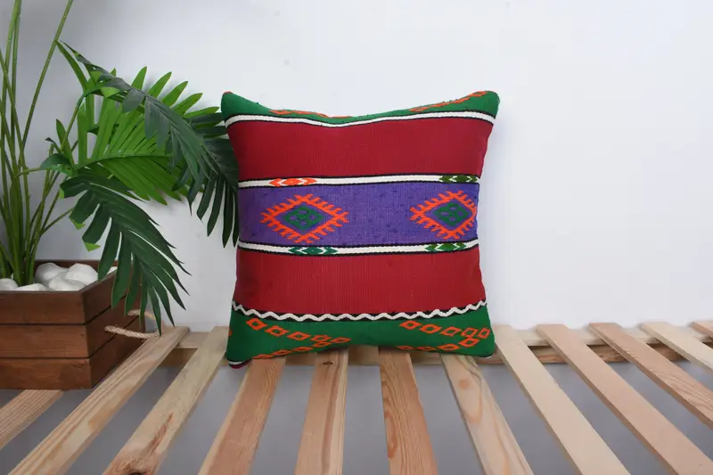Turkish Kilim Pillow, Pillow Cover, Chair Cushion, 16x16 Red Cushion Case, Gift Pillow, Seat Pillow Case, Kilim Cushion Sham, Custom Cushion Cover - 1