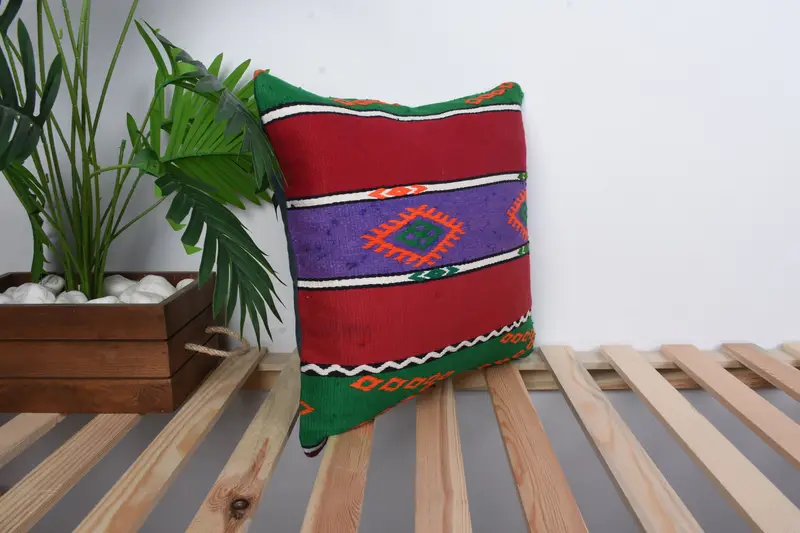 Turkish Kilim Pillow, Pillow Cover, Chair Cushion, 16x16 Red Cushion Case, Gift Pillow, Seat Pillow Case, Kilim Cushion Sham, Custom Cushion Cover - 4