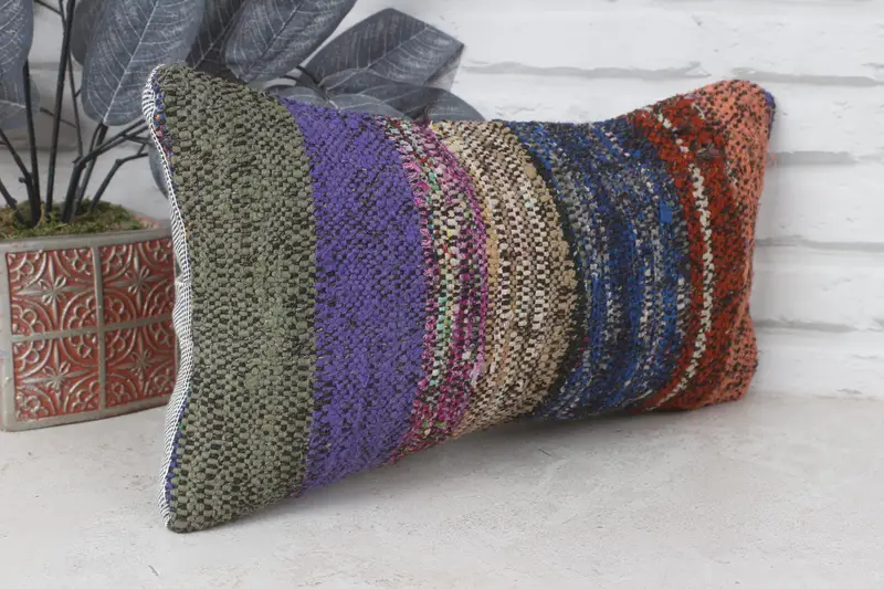 Turkish Kilim Pillow, 8x16 Blue Pillow Sham, Pillow Sham, Comfy Throw Cushion, Vintage Pillow, Natural Cushion, Handmade Kilim Cushion - 4