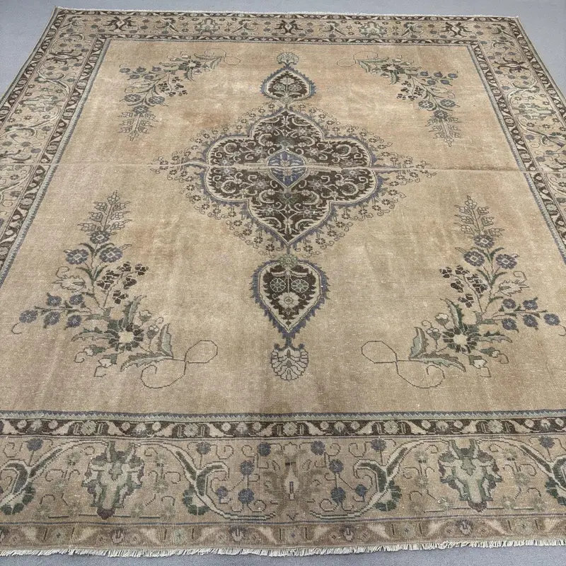 Kahverengi ve Mavi Halı, 9,8x10,4 ft Bitki ve Ağaç Desenli